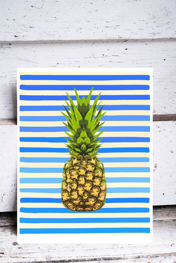 Blue and White Striped Pineapple Print