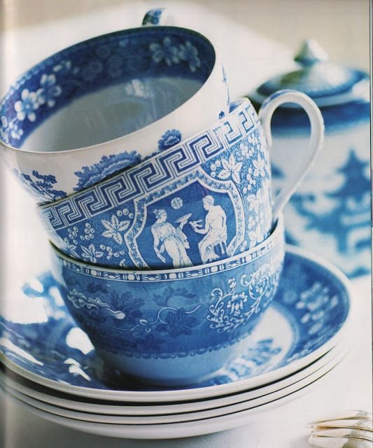 M&J Trimming: Greek Key Blue and White Tea Cups