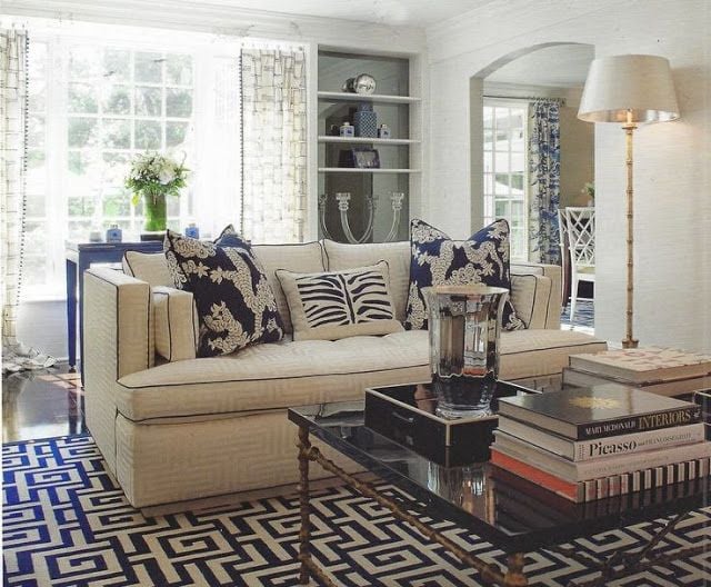 M&J Trimming: Living Room with Greek Key Carpet