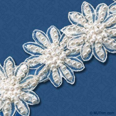 2" Floral Pearl Beaded Trim - White